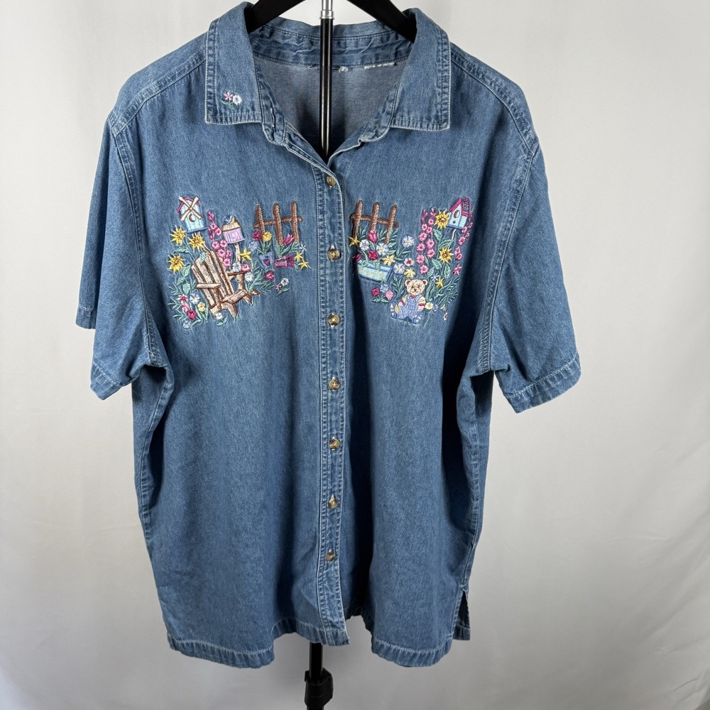 Bobbie Brooks Denim Button Down Short Sleeve Embroidered Garden